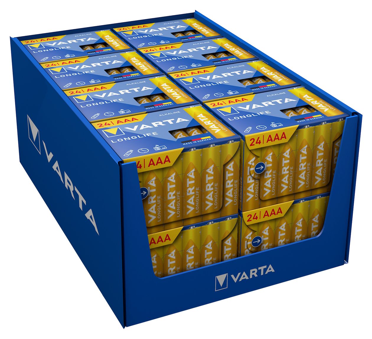 Batterien AAA, 24 Stück, Longlife, Alkaline, 1,5V, Cube, ideal für Fernbedienungen, Wecker, Radios, Wanduhren, Verpackung zu 90% recycelt, Made in Germany 