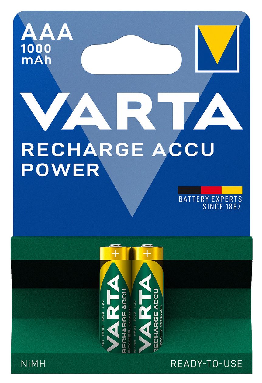 Batterien AAA, wiederaufladbar, 2 Stück, Recharge Accu Power, Akku, 1000 mAh Ni-MH, ohne Memory Effekt, vorgeladen, sofort einsatzbereit 
