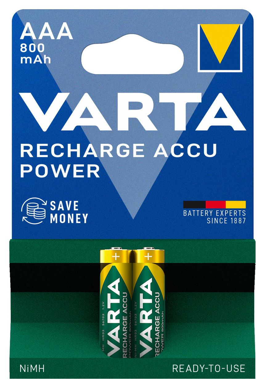 Batterien AAA, wiederaufladbar, 2 Stück, Recharge Accu Power, Akku, 800 mAh Ni-MH, ohne Memory Effekt, vorgeladen, sofort einsatzbereit 