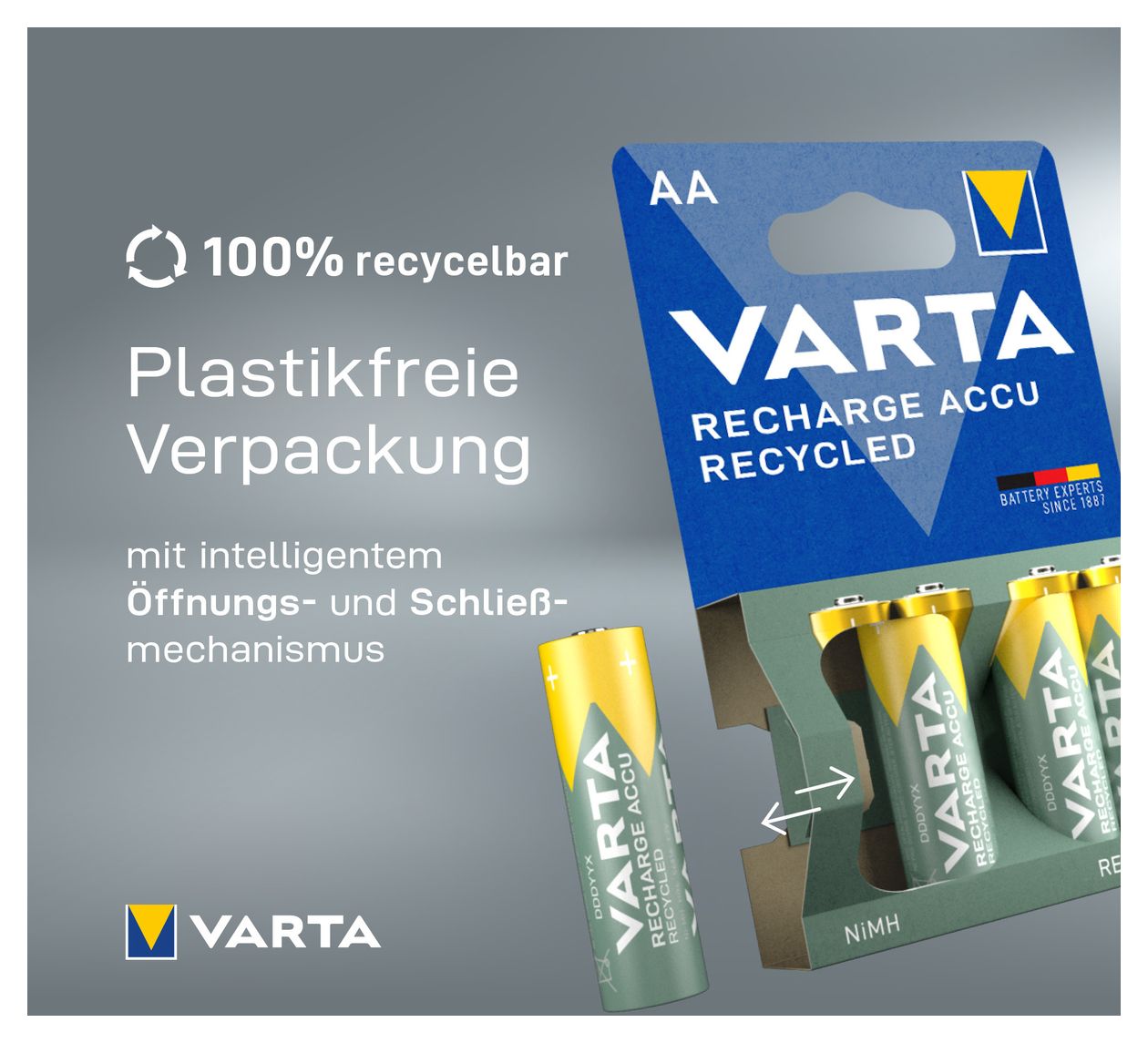 Recharge Accu Recycled AA 2100 mAh 2er-Pack (vorbeladener NiMH-Akku, Mignon, 25 % recycelte Materialien, wiederaufladbarer Akku, sofort einsatzbereit) 