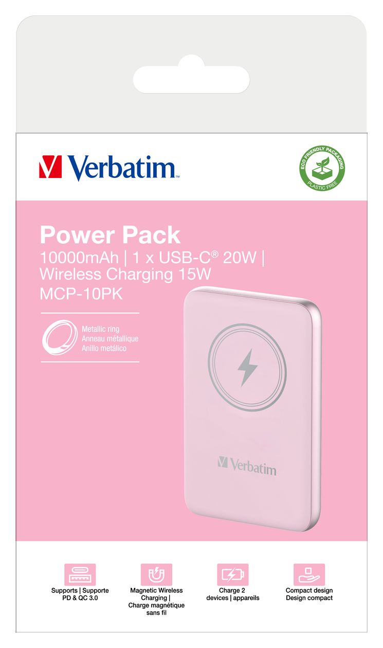 Charge 'n' Go 10000 mAh Powerbank USB Typ-C Kabelloses Laden  (Pink) 
