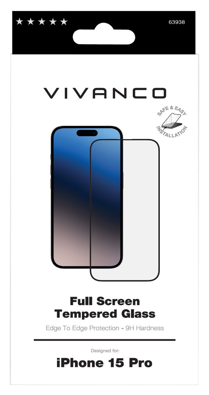 63938 Klare Bildschirmschutzfolie gehärtetes Glas 9H für  Apple iPhone 15 Pro Schmutzabweisend, Schlagfest, Kratzresistent, Splitterfrei 