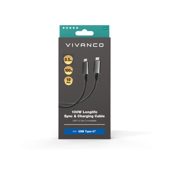 64010 10 Gbit/s Rundkabel USB C auf USB C Männlich bis 100 W 0,5 m  (Schwarz) 