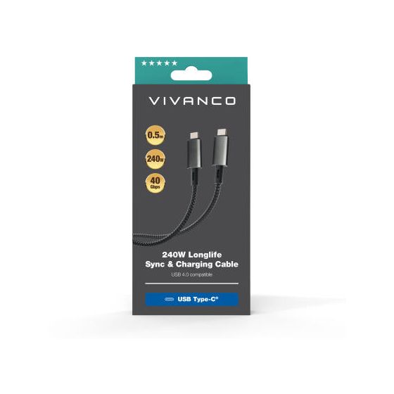 64013 40 Gbit/s Rundkabel USB C auf USB C Männlich bis 240 W 0,5 m  (Schwarz) 