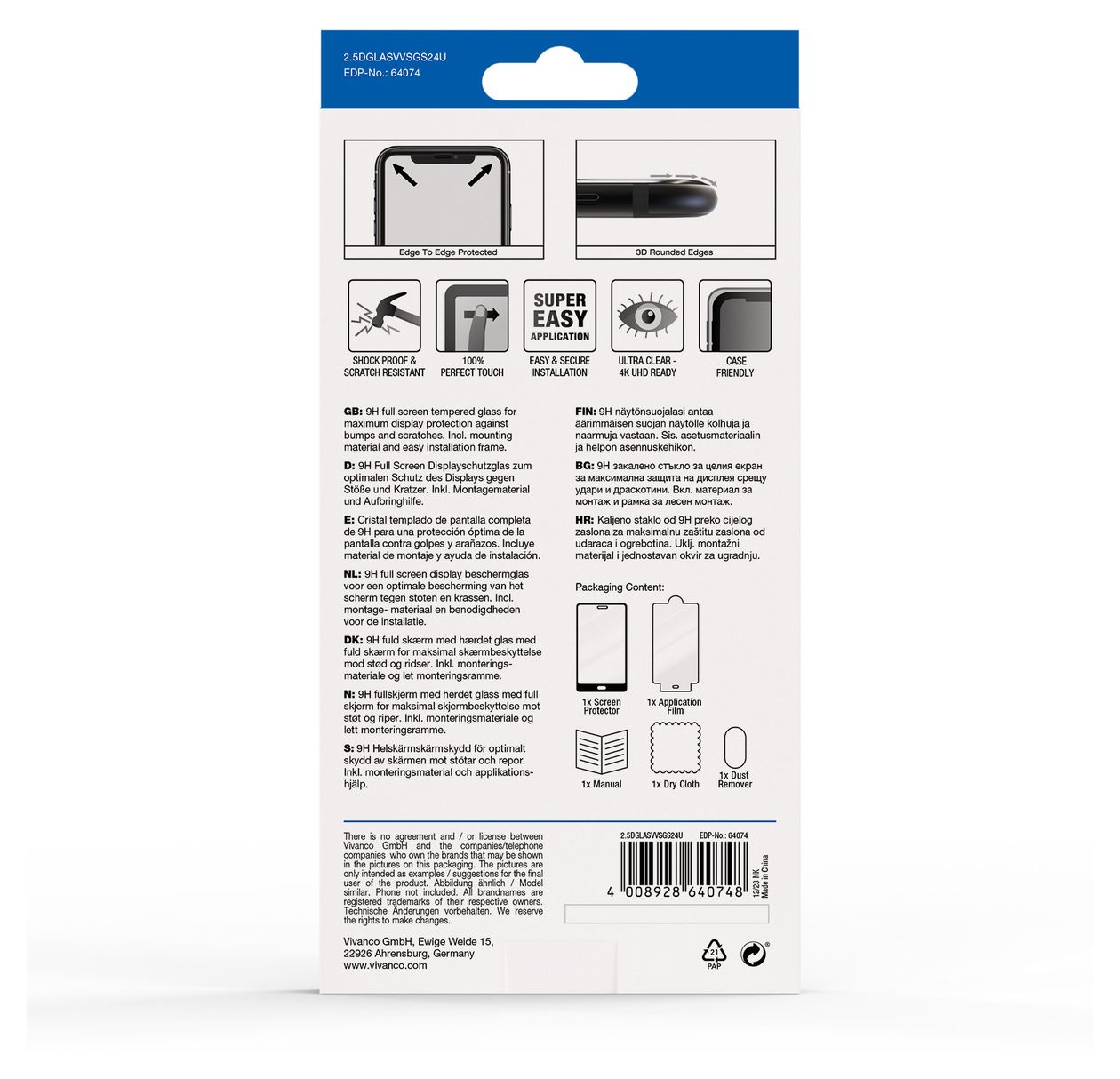 64074 Klare Bildschirmschutzfolie gehärtetes Glas 9H für  Samsung Galaxy S24 Ultra Schmutzabweisend, Schlagfest, Kratzresistent, Splitterfrei 