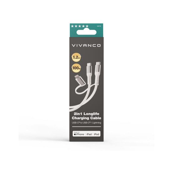 64216 Rundkabel USB C auf USB C/Lightning Männlich bis 100 W 1,2 m  (Weiß) 