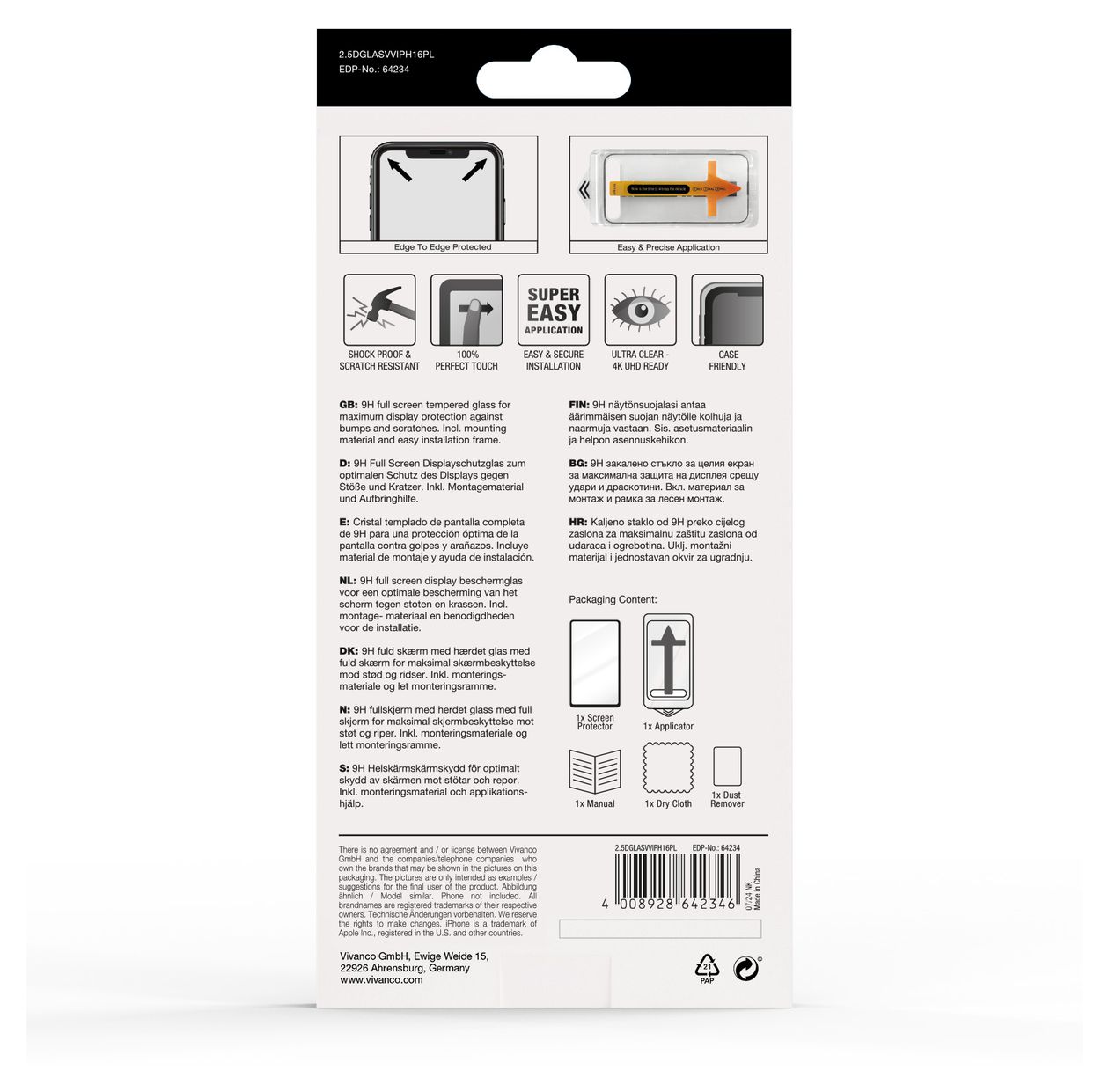 64234 Full Screen Klare Bildschirmschutzfolie gehärtetes Glas 9H für  Apple iPhone 16 Plus Stoßfest, Schmutzabweisend, Schlagfest, Kratzresistent 