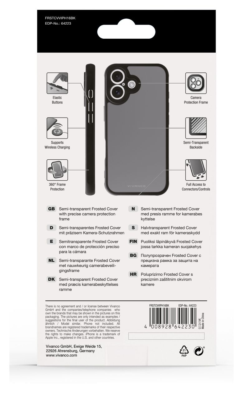 Frosted Cover für Apple iPhone 16 (Schwarz, Durchscheinend) 