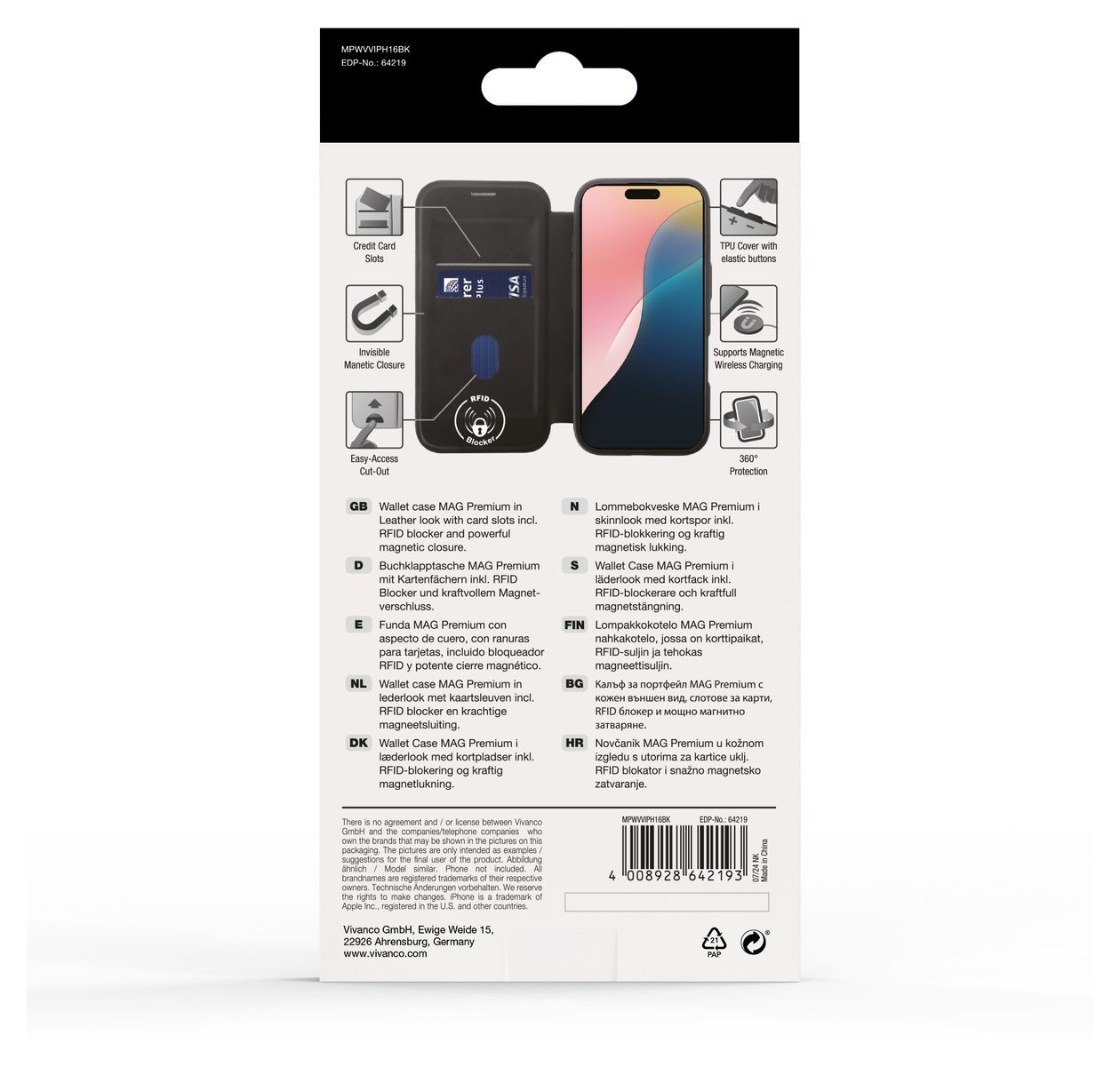 Mag Premium Wallet Geldbörsenhülle für Apple iPhone 16  (Schwarz) 