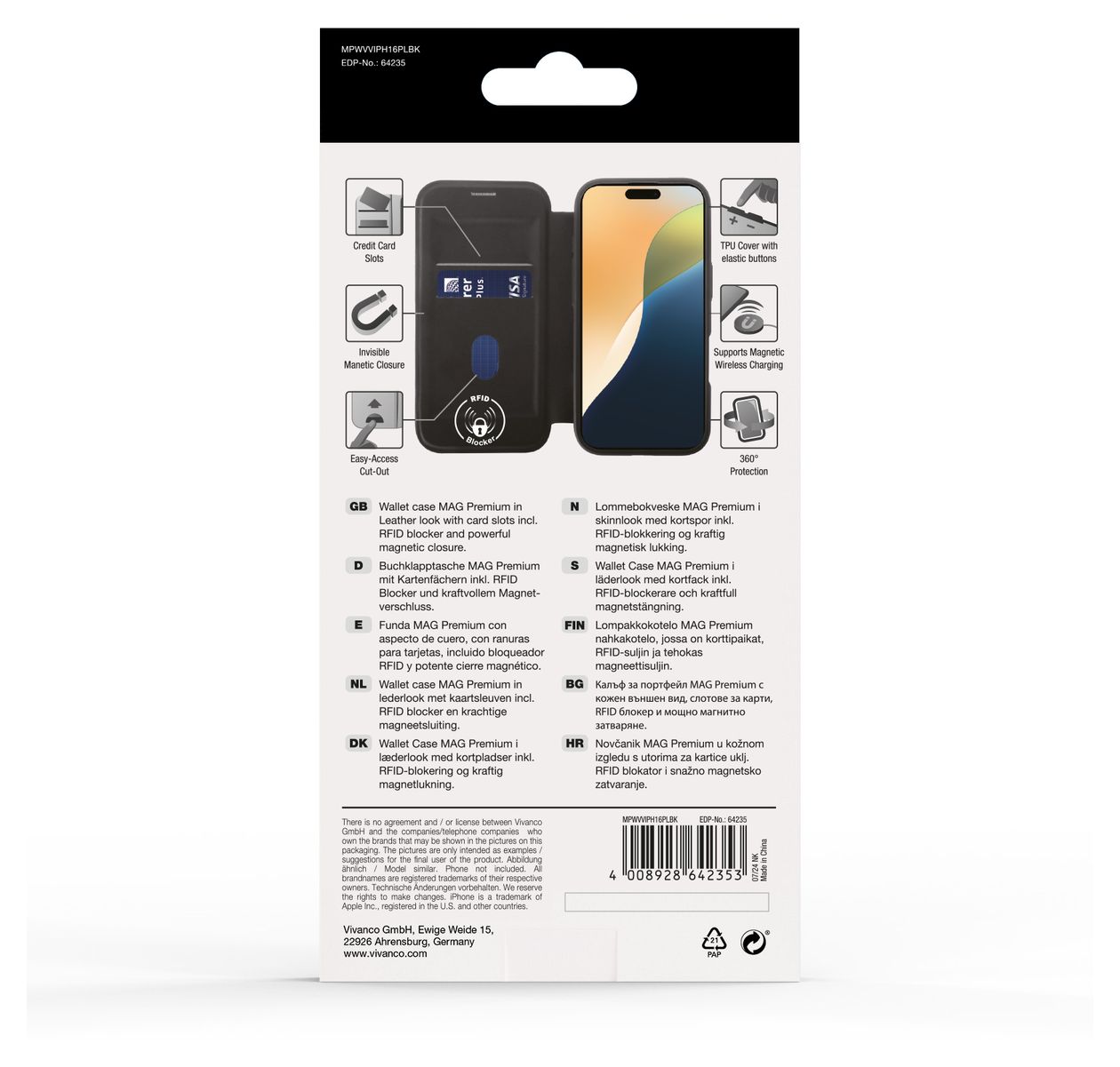 Mag Premium Wallet Geldbörsenhülle für Apple iPhone 16 Plus  (Schwarz) 