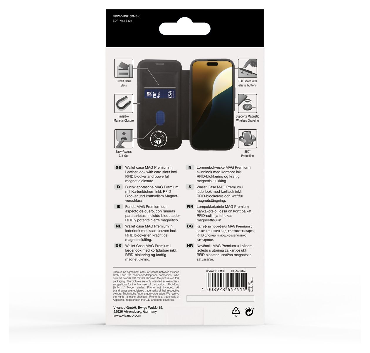 Mag Premium Wallet Geldbörsenhülle für Apple iPhone 16 Pro Max  (Schwarz) 