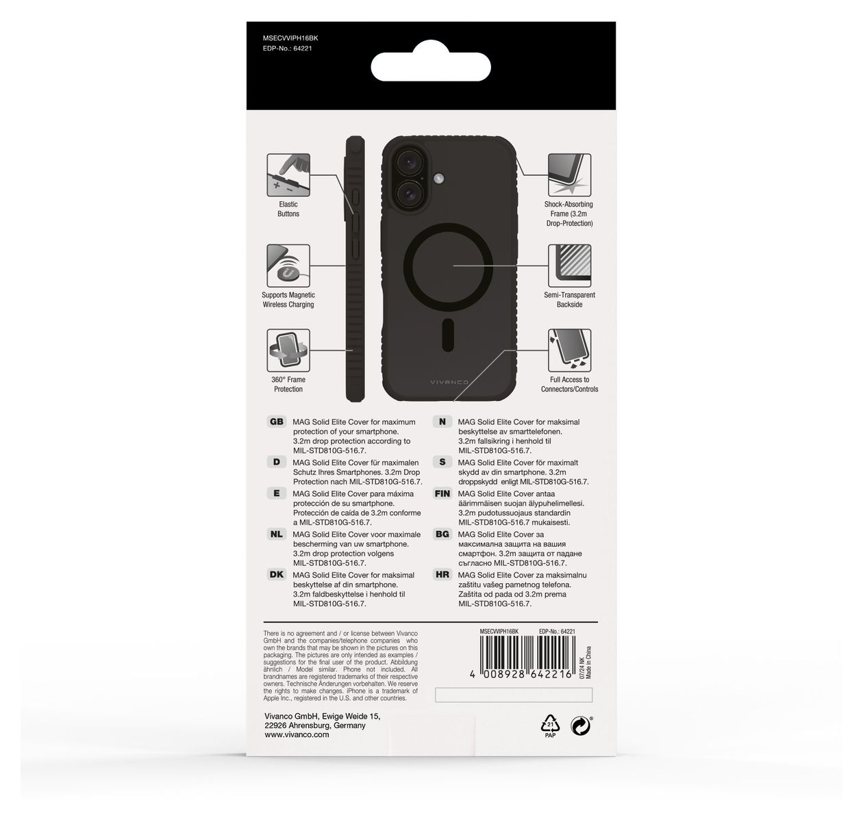 Mag Solid Elite Cover für Apple iPhone 16 (Schwarz, Durchscheinend) 