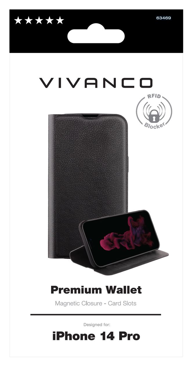 Premium Wallet Geldbörsenhülle für Apple iPhone 14 Pro  (Schwarz) 