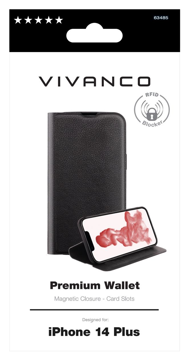 Premium Wallet Geldbörsenhülle für Apple iPhone 14 Plus  (Schwarz) 