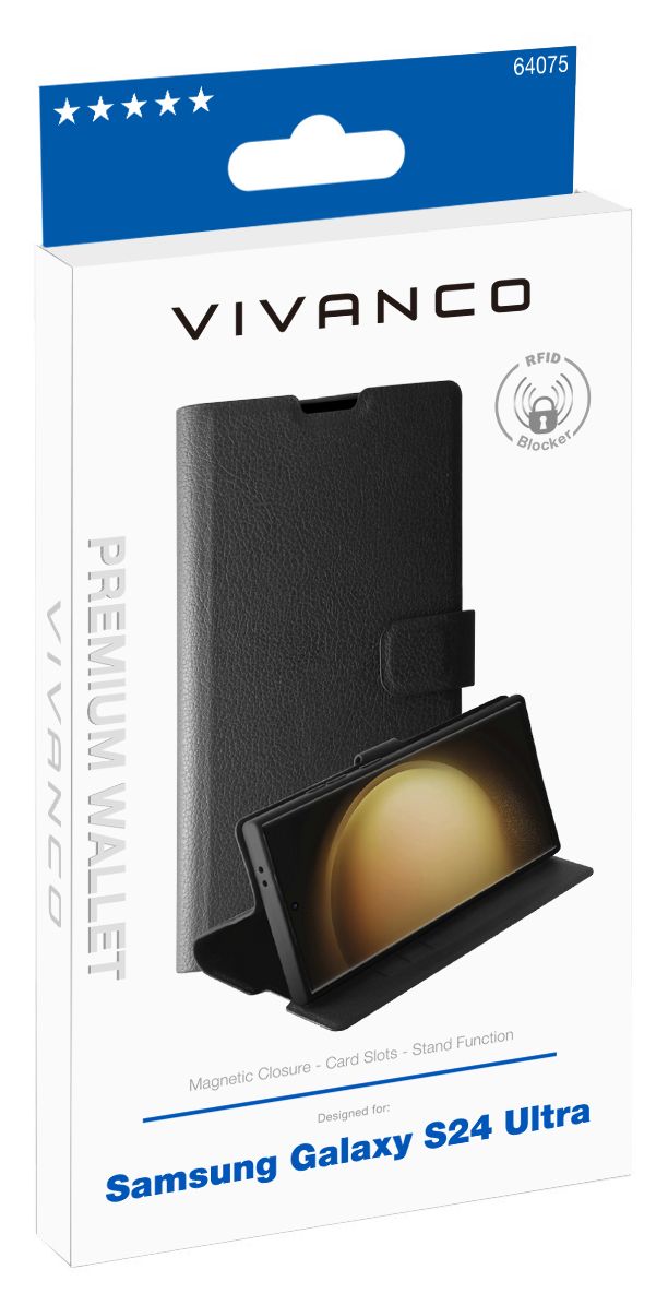 Premium Wallet Geldbörsenhülle für Samsung Galaxy S24 Ultra  (Schwarz) 