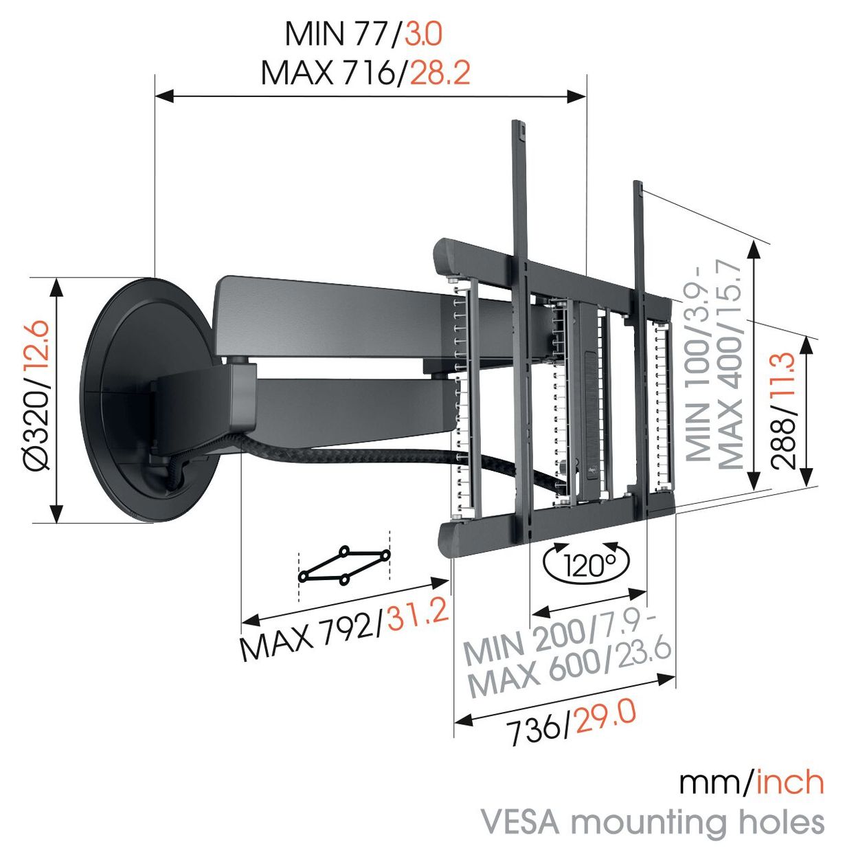 TVM7675 Pro elektrische Wand Halterung 120° bis 195,6 cm (77") 35 kg ausziehbar 