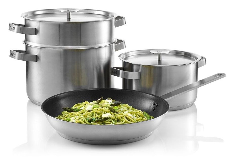 A4SS Kochgeschirr-Set aus Fettpfanne 28 cm + 2 Töpfen 20 cm und 24 cm + Edelstahlsieb 