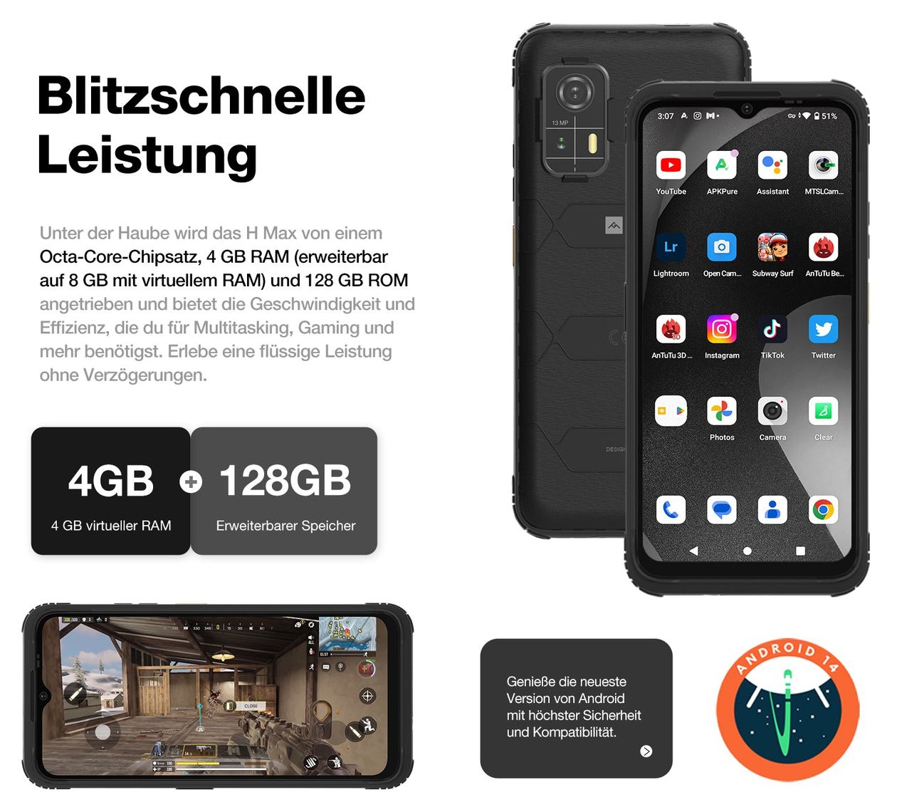 H Max 128 GB 4G Smartphone 16,7 cm (6.5 Zoll) 1,6 GHz Android 13 MP Dual Kamera Dual Sim WiFi 5  (Schwarz) 