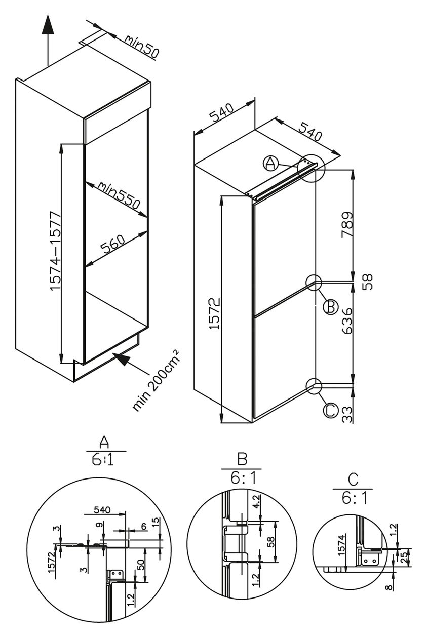 EKGCS385911 Schlepptür 142 l Kühlteil 60 l Gefrierteil 157,8 cm Einbau Kühl-/Gefrierkombination 