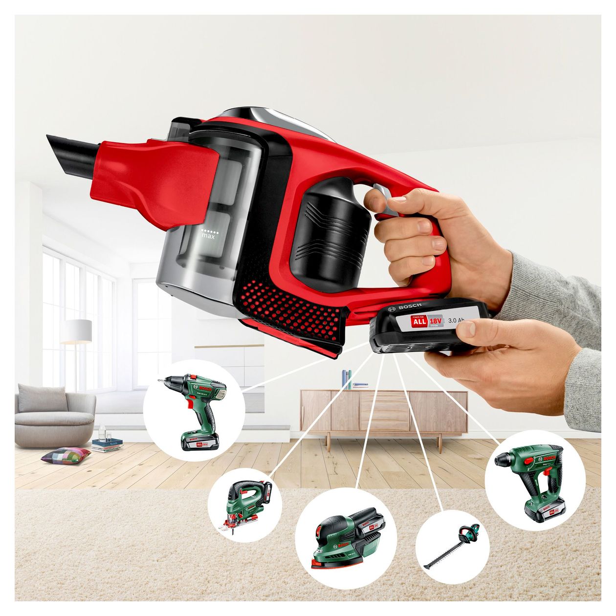 Serie 8 BBS81PETM Bundle (Schnellladegerät + Wechselakku) Handstaubsauger Beutellos bis 40 min Laufzeit 18 V Hygienefilter  (Rot) 