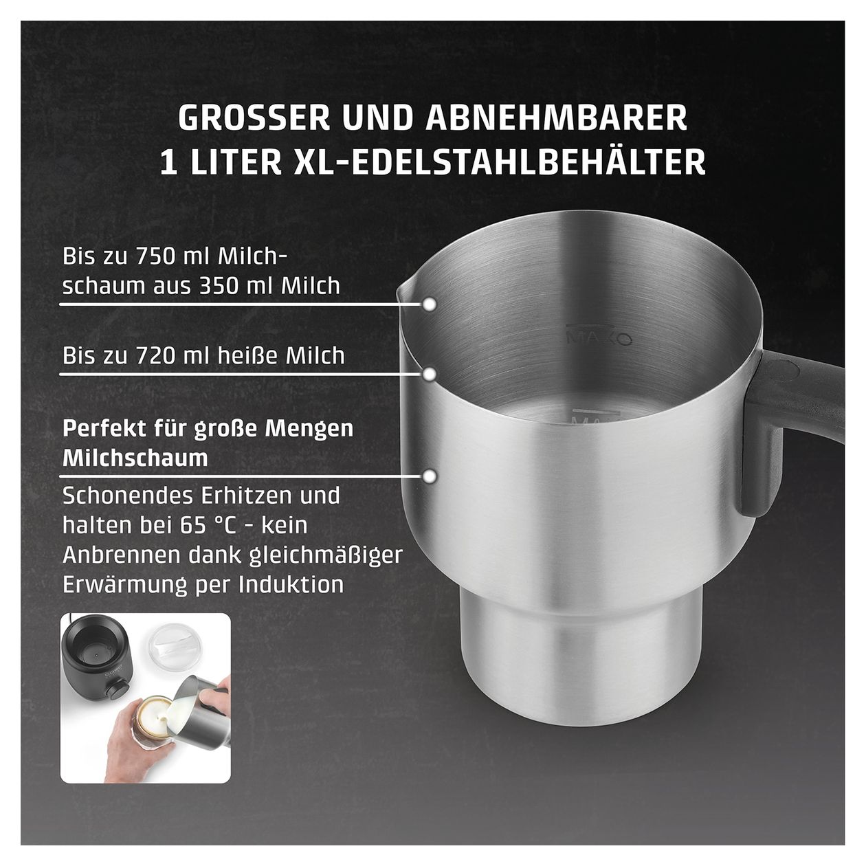 1667 PremiumLatte XL Milchaufschäumer Automatischer Milchaufschäumer/-wärmer ca. 350 ml  (Schwarz, Edelstahl) 