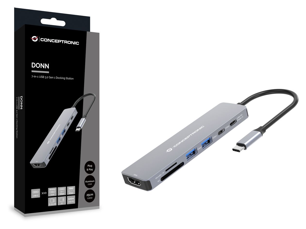 DONN28G 7-in-1 USB 3.2 Gen 1 Dockingstation, 4K60Hz HDMI, USB-A 5Gbps x 2, USB-C 5Gbps, SD, TF/MicroSD, 100W USB PD 