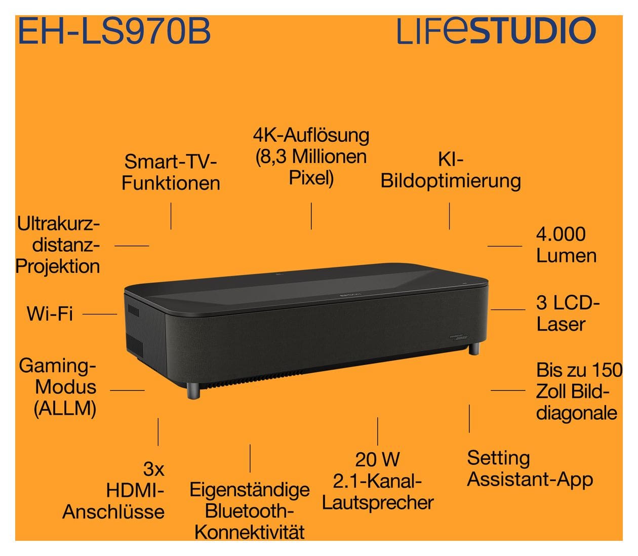 EH-LS970B UHD 4K (3840x2160) 3LCD Laser 4000 ANSI Lumen  (Schwarz) 