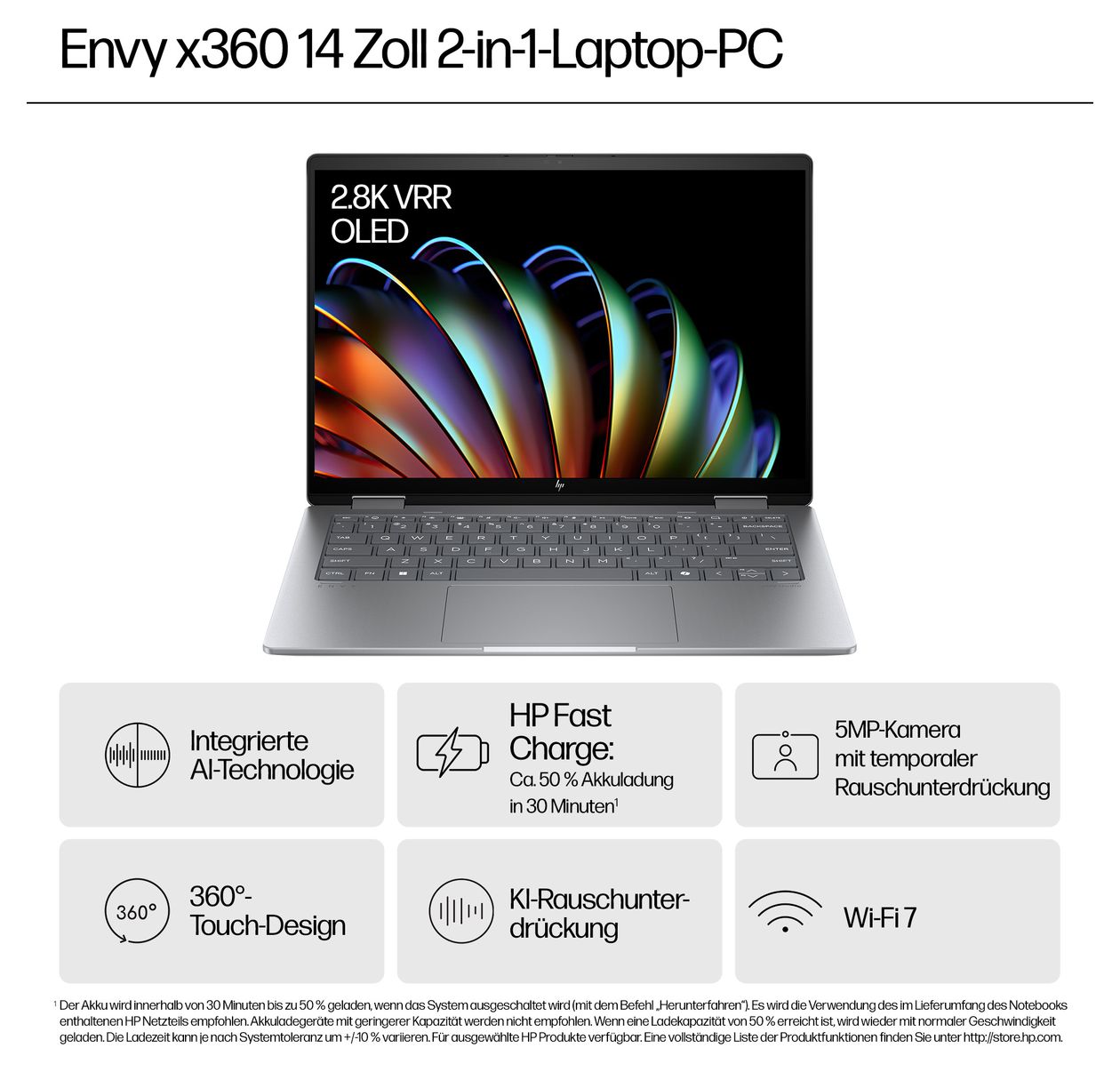 Envy 14-fa0657ng 2K Ultra HD Notebook 35,6 cm (14 Zoll) 1920 x 1200 Pixel 16 GB Ram 512 GB SSD Windows 11 Home AMD Ryzen 5 max. 4,9 GHz intern  (Silber) 