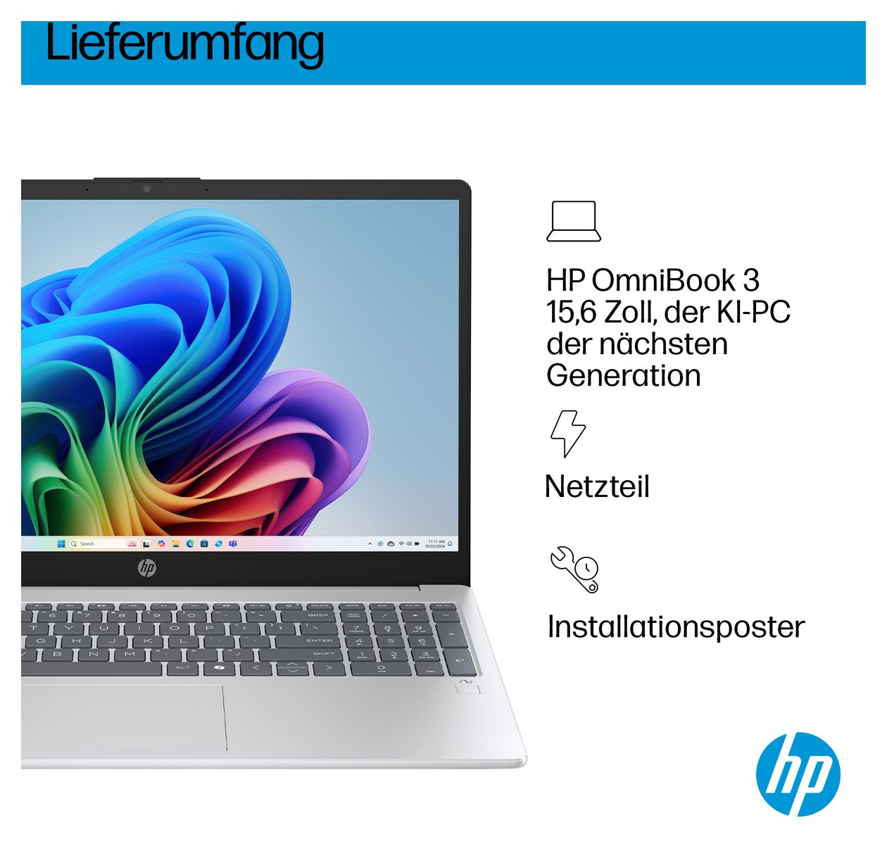 OmniBook 3 15-fn0653ng Full HD Notebook 39,6 cm (15.6 Zoll) 1920 x 1080 Pixel 16 GB Ram 1 TB SSD Windows 11 Home AMD Ryzen 5 max. 4,5 GHz intern  (Silber) 