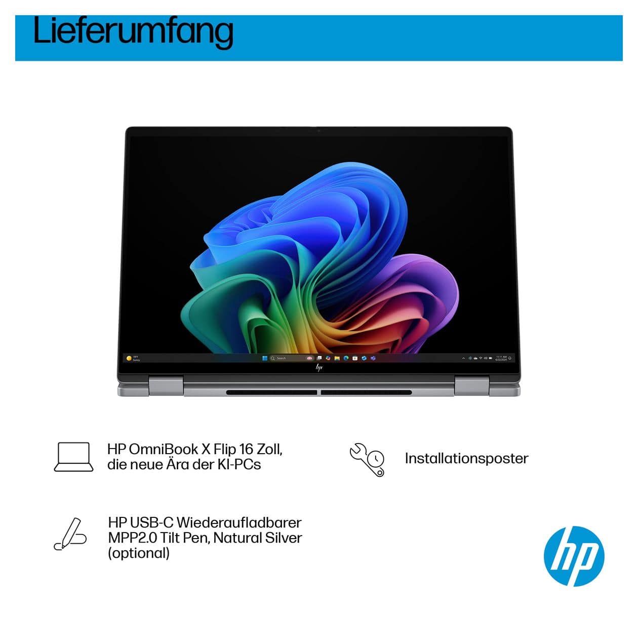 OmniBook X Flip 16-ar0556ng 2K Ultra HD Notebook 40,6 cm (16 Zoll) 1920 x 1200 Pixel 16 GB Ram 1 TB SSD Windows 11 Home AMD Ryzen 5 max. 4,8 GHz  (Silber) 
