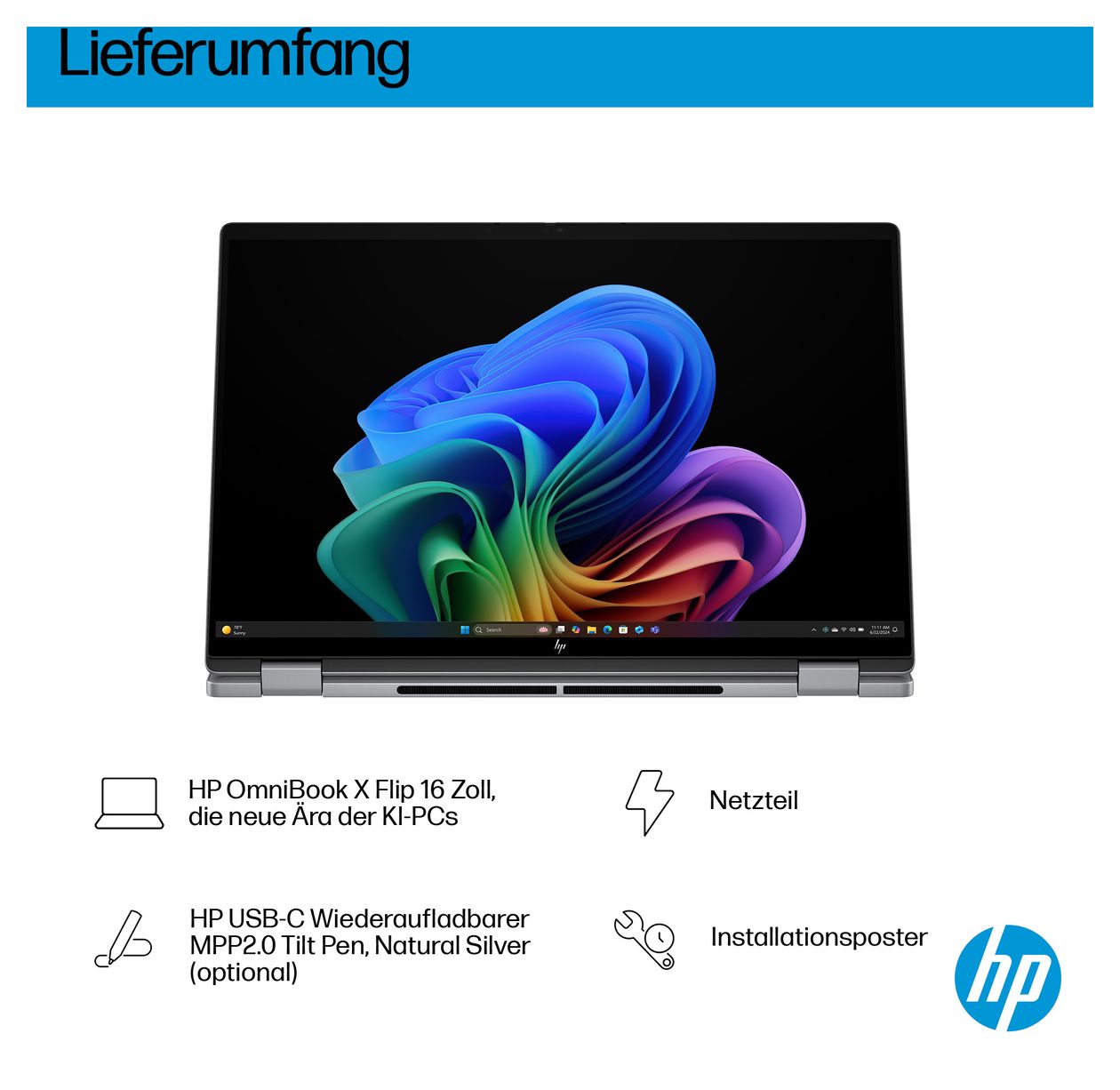 OmniBook X Flip 16-ar0653ng 2K Ultra HD Notebook 40,6 cm (16 Zoll) 1920 x 1200 Pixel 16 GB Ram 1 TB SSD Windows 11 Home AMD Ryzen 5 max. 4,8 GHz intern  (Silber) 