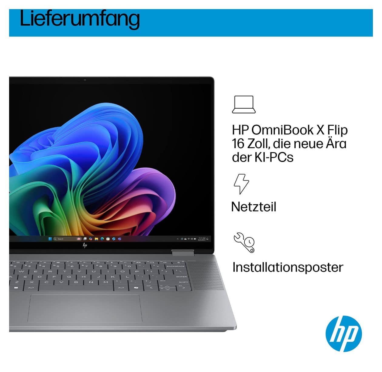 OmniBook X Flip 16-ar0556ng 2K Ultra HD Notebook 40,6 cm (16 Zoll) 1920 x 1200 Pixel 1 TB SSD Windows 11 Home AMD Ryzen 5 max. 4,8 GHz  (Silber) 