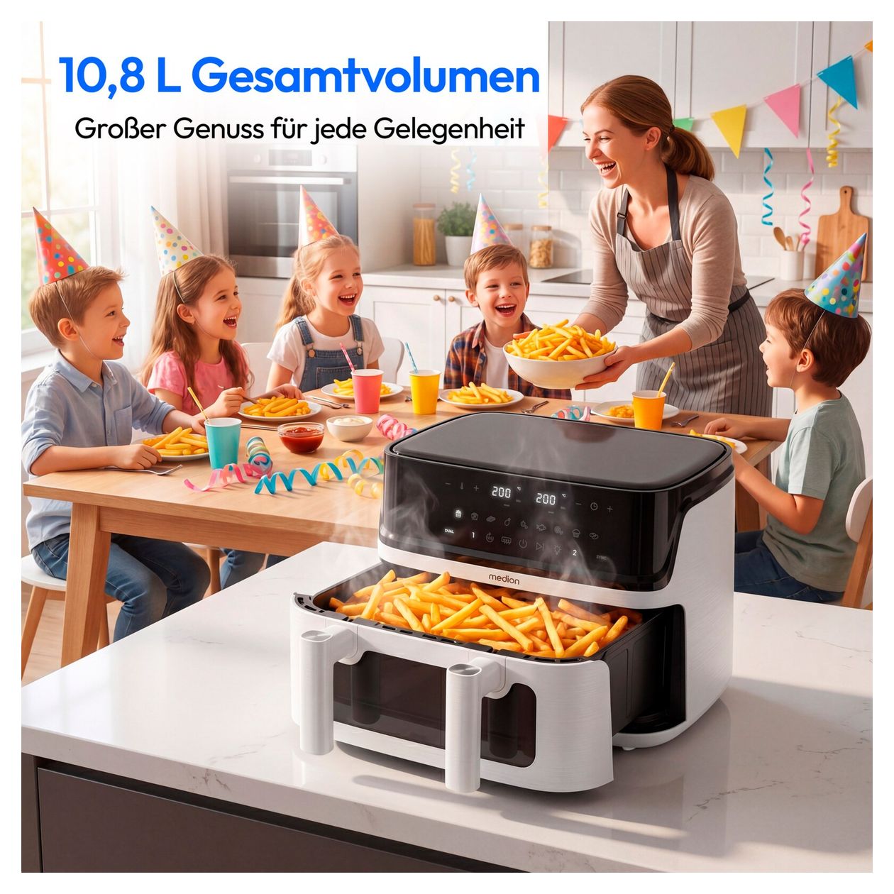 Life P25 XXL Flex M Doppel Heißluftfritteuse 10,8 l 3040 W  (Schwarz, Weiß) 