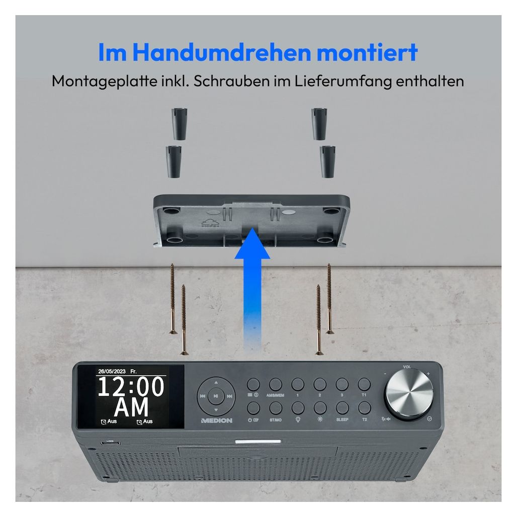 Life P66750 Bluetooth DAB+, PLL, UKW Radio Uhr  (Grau) 
