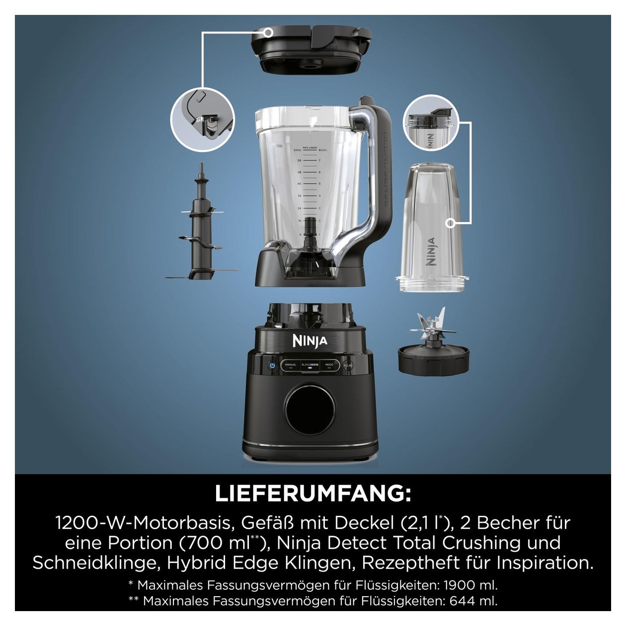 TB301EU Detect Power Mixer Pro 2,1 l Standmixer 10 Geschwindigkeiten 1200 W  (Schwarz) 