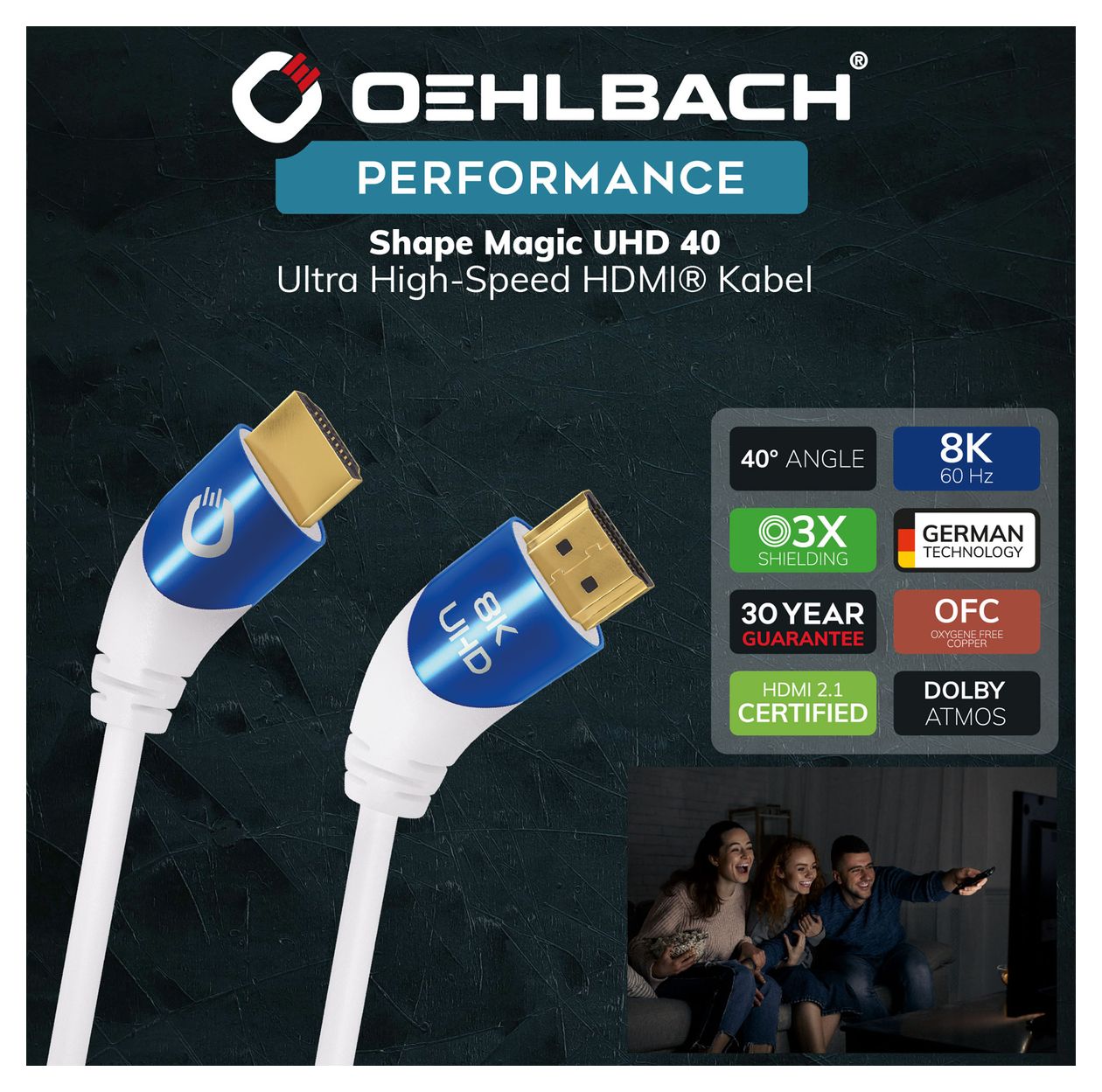 Shape Magic 48 Gbit/s Stecker Abgewinkelt HDMI auf HDMI Typ A (Standard) 2 m  (Blau, Weiß) 