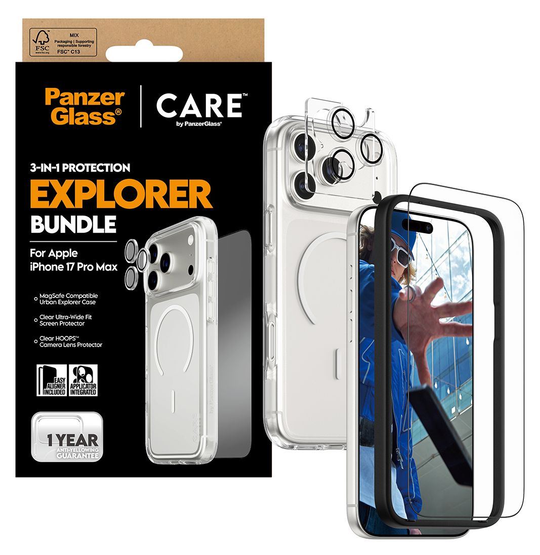 3-in-1 Explorer Set Cover Klare Bildschirmschutzfolie TPU, Gehärtetes Glas, Polyethylenterephthalat, Silikon für Apple iPhone 17 Pro Max 