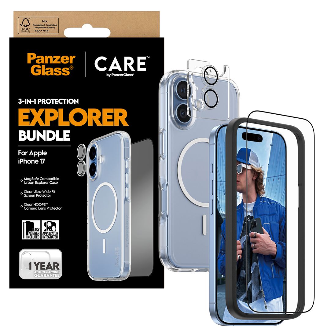 46095 3-in-1 Explorer Set Klare Bildschirmschutzfolie Gehärtetes Glas, Polyethylenterephthalat, Silikon für  Apple Apple - iPhone 17 Kratzresistent, Schockresistent 