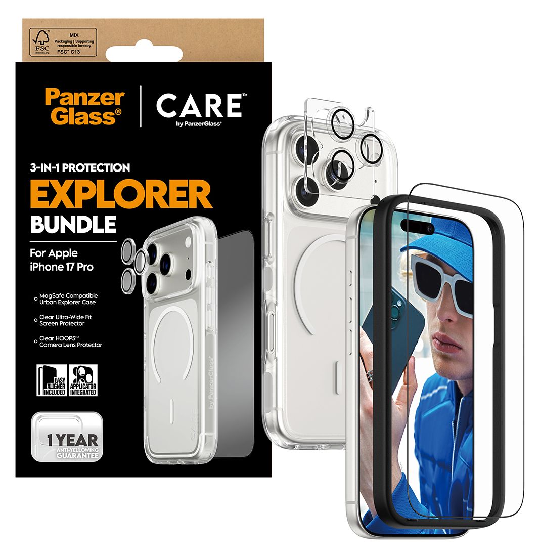 74977 3-in-1 Explorer Set Cover Klare Bildschirmschutzfolie Gehärtetes Glas, Polyethylenterephthalat, Silikon für  Apple Apple - iPhone 17 Pro Kratzresistent, Schockresistent 