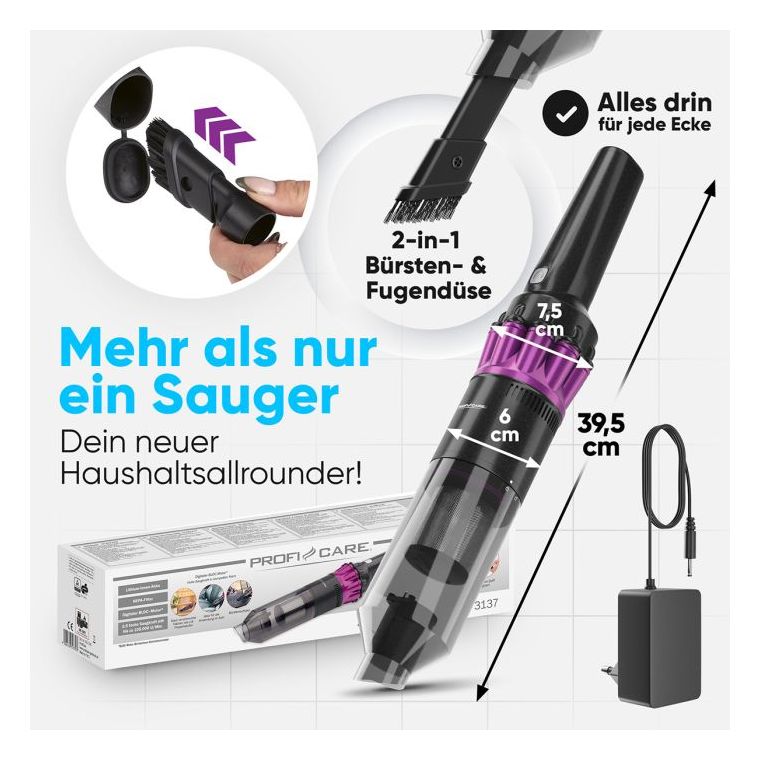 PC-AKS3137 Handstaubsauger Beutellos bis 20 min Laufzeit 7,4 V HEPA  (Anthrazit) 