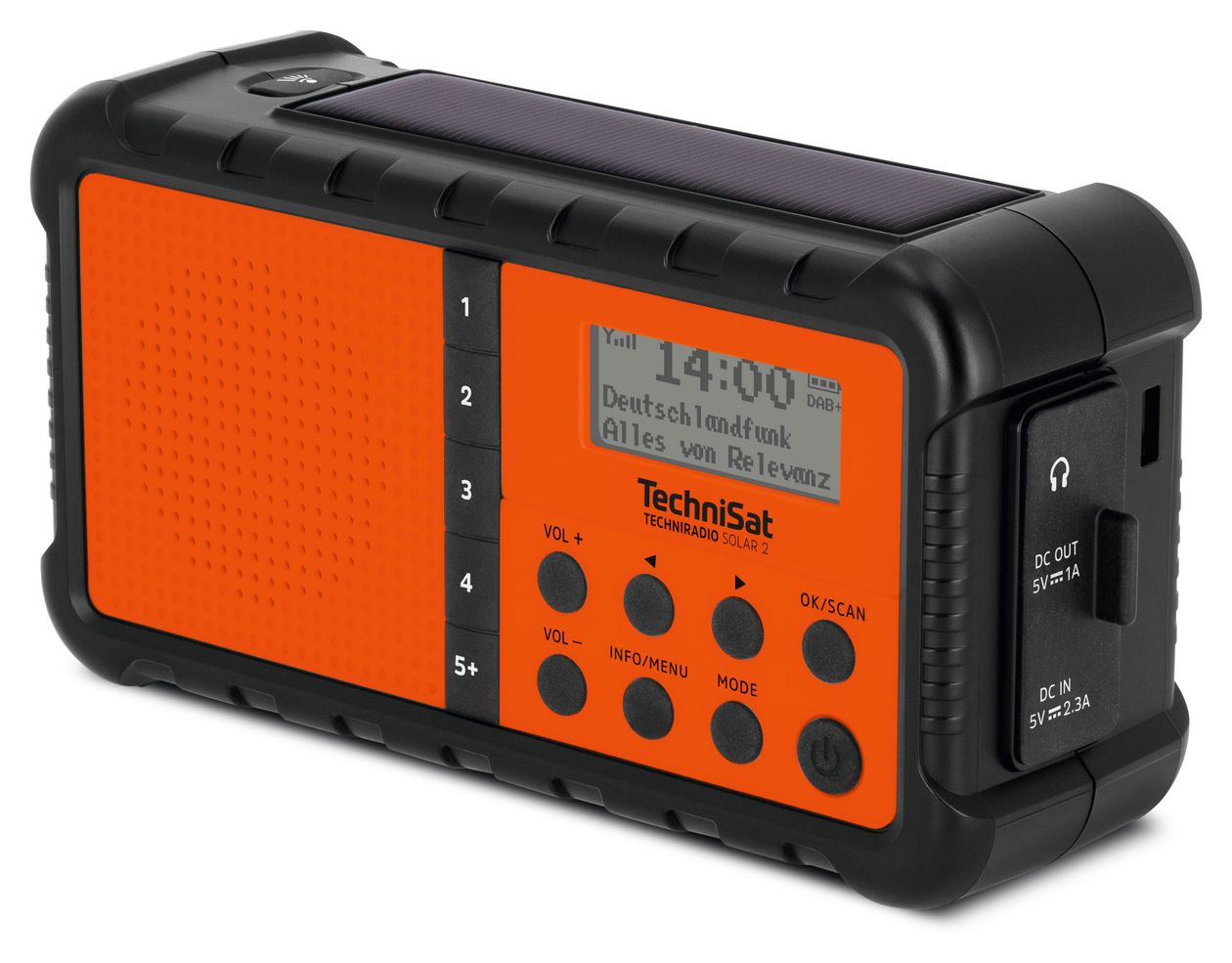 TechniRadio Solar 2 DAB+, FM Radio Tragbar Wasserfest IPX4  (Schwarz, Orange) 
