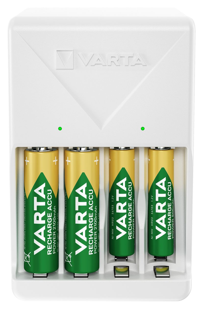 Akku Ladegerät, inkl. 4X AA 2100mAh, Batterieladegerät für wiederaufladbare Batterien, lädt 2 oder 4 AA/AAA gleichzeitig, Plug Charger, weiß 