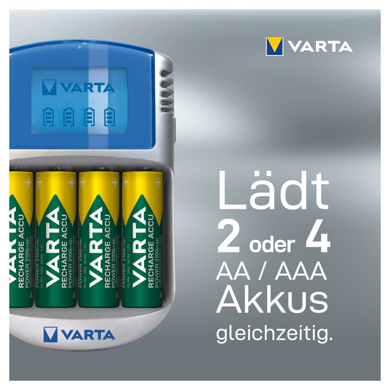 Akku Ladegerät, inkl. 4X AA 2600mAh, Batterieladegerät für wiederaufladbare AA/AAA, LCD Charger, mit USB Kabel & 12V Adapter 