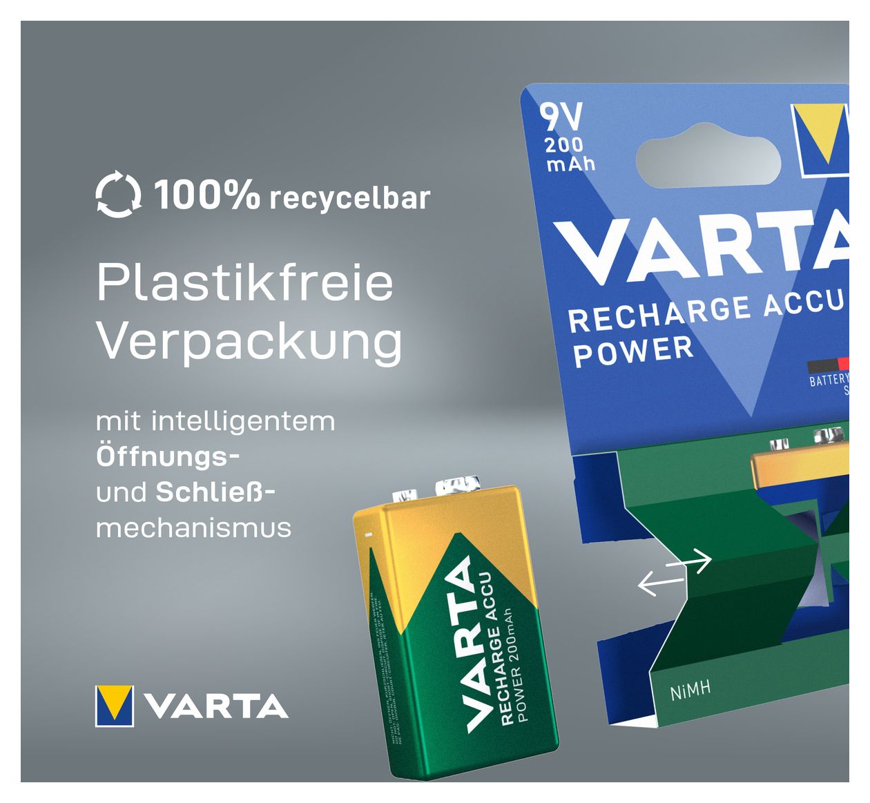 Batterien 9V Blockbatterie, wiederaufladbar, 1 Stück, Recharge Accu Power, Akku, 200 mAh, ohne Memory Effekt, vorgeladen, sofort einsatzbereit 