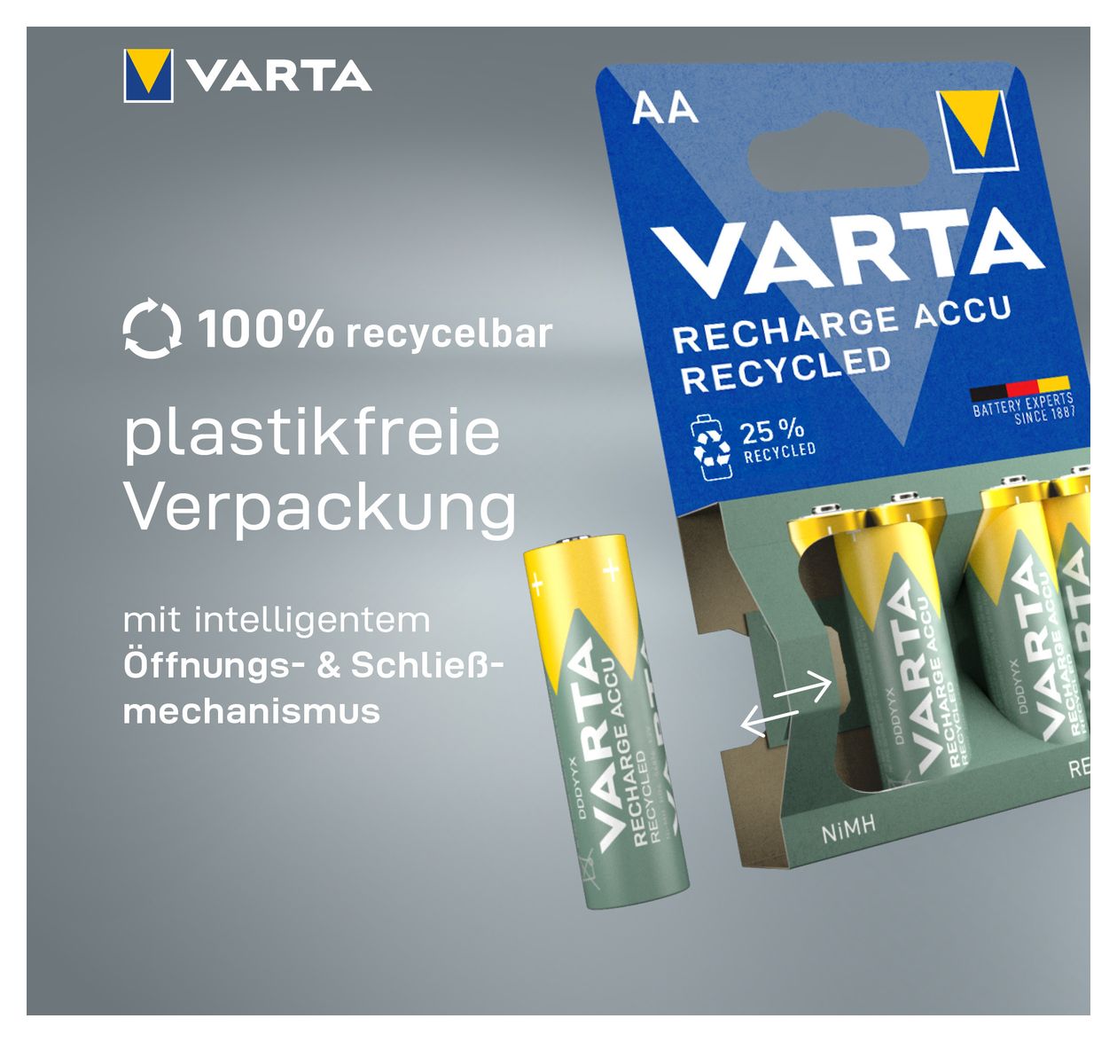 Recharge Accu Recycled AA 2100 mAh 4er-Pack (vorbeladener NiMH-Akku, Mignon, 25 % recyceltes Material, wiederaufladbarer Akku, sofort einsatzbereit) 