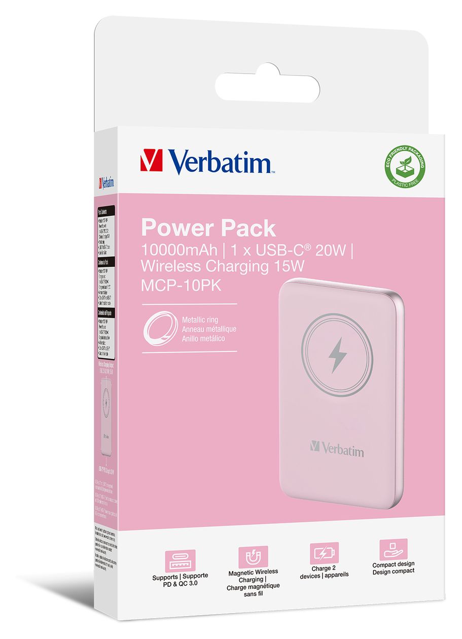 Charge 'n' Go 10000 mAh Powerbank USB Typ-C Kabelloses Laden  (Pink) 