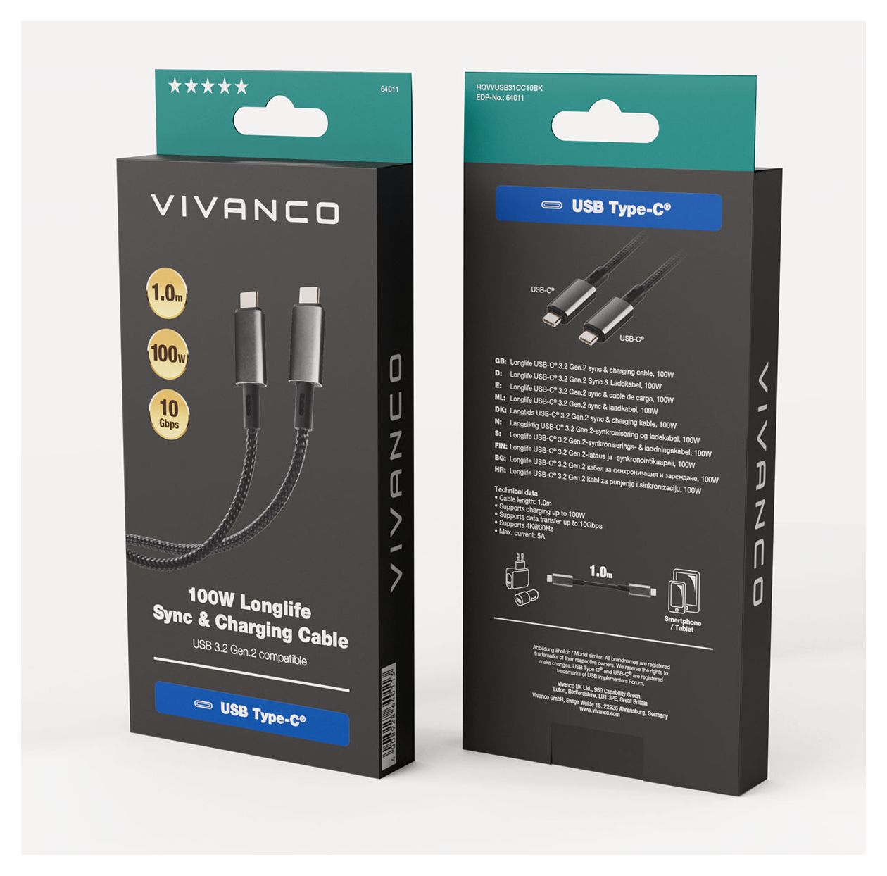 64011 10 Gbit/s USB C auf USB C Männlich bis 100 W 1 m  (Schwarz) 