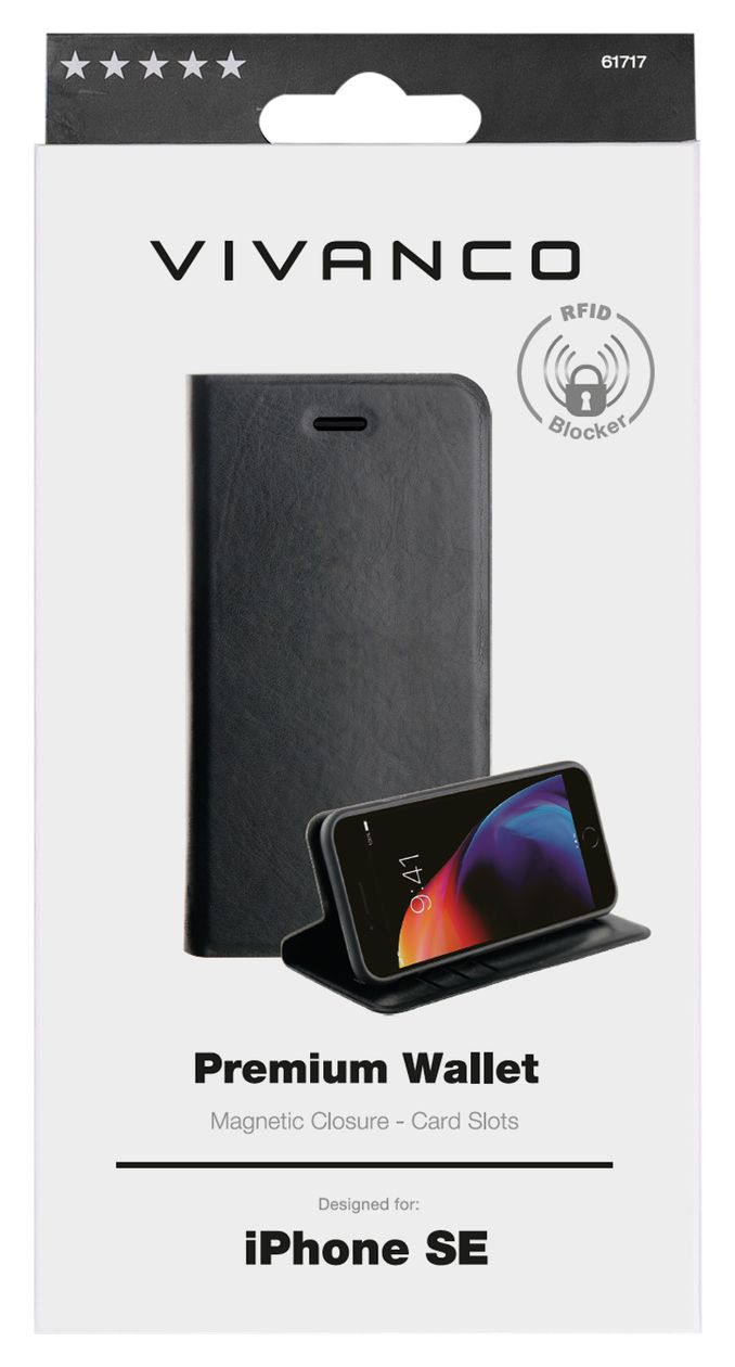 Premium Wallet Geldbörsenhülle für Apple iPhone SE (2. Gen), iPhone 8, iPhone 7, iPhone 6s  (Schwarz) 