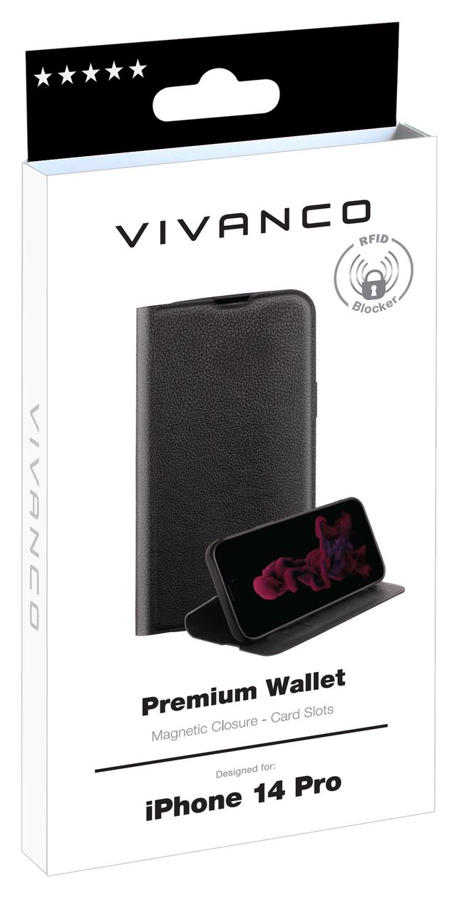 Premium Wallet Geldbörsenhülle für Apple iPhone 14 Pro  (Schwarz) 