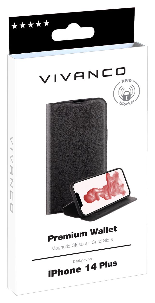 Premium Wallet Geldbörsenhülle für Apple iPhone 14 Plus  (Schwarz) 